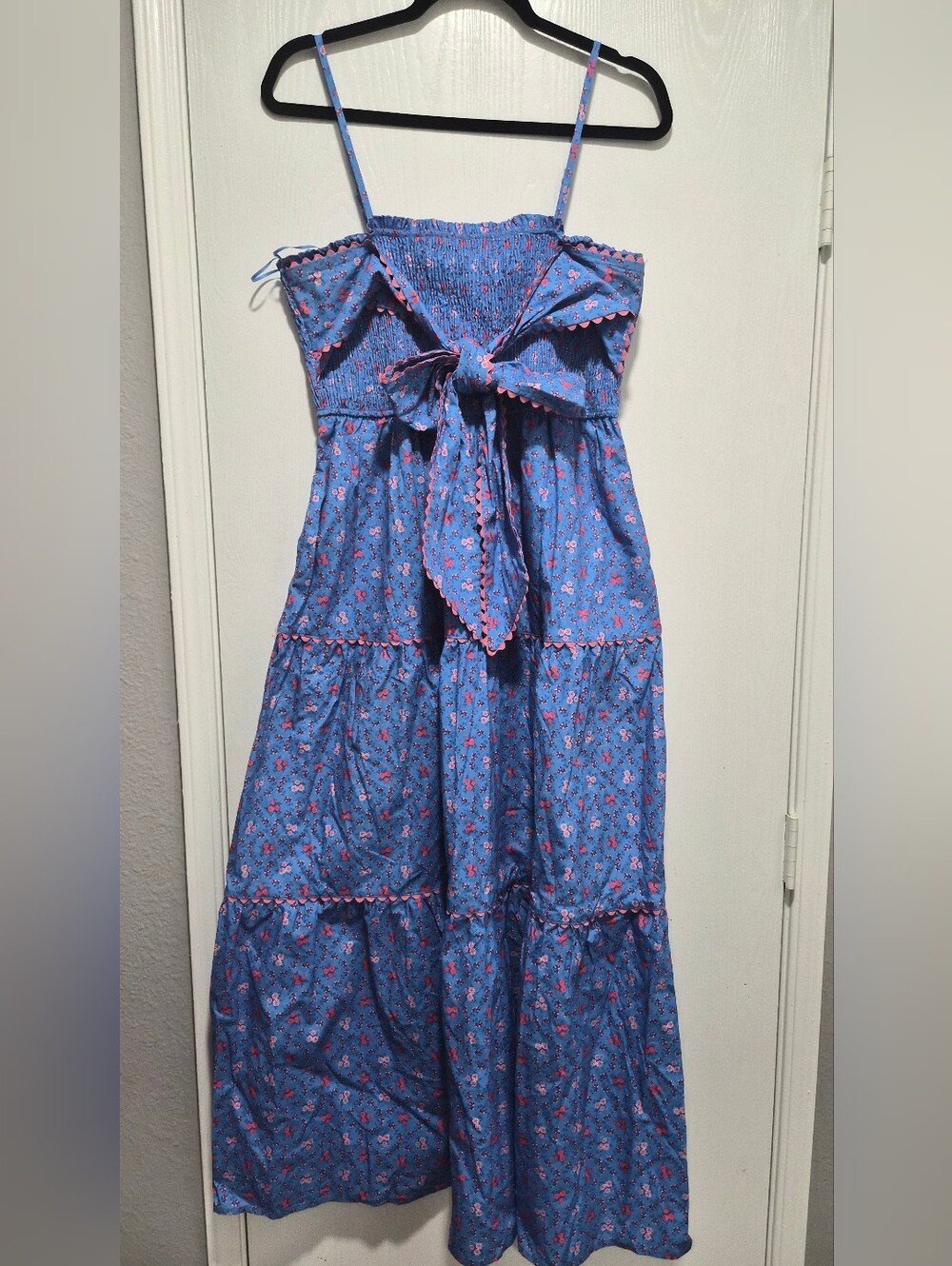 Peach Love California Blue Floral Bow Smocked Maxi Dress With Scalloped Trim L